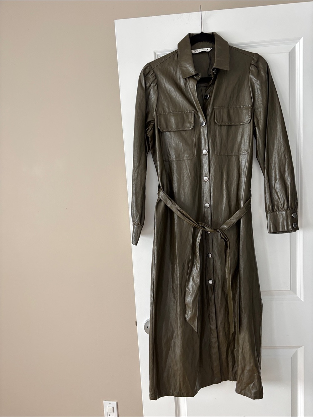 Zara Olive Green Midi Faux Leather Shirt Dress